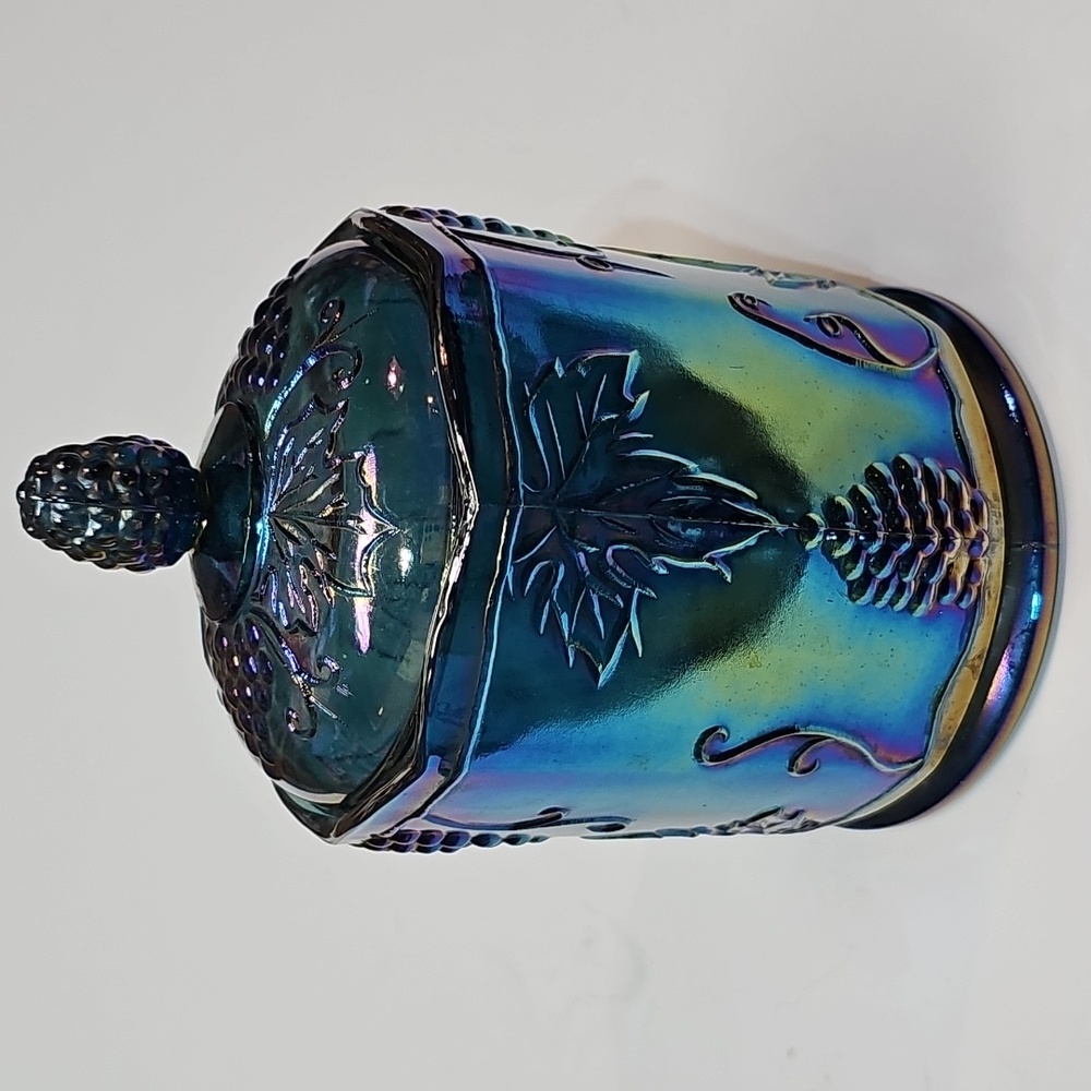 Vintage Indiana Glass Blue Carnival Glass "Harvest Grape" Jar Canister w/ Lid - Picture 7 of 16